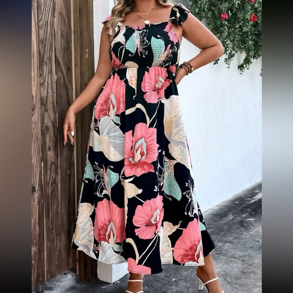 Plus size floral print off shoulder ruffle trim maxi dress - Picture 5 of 8